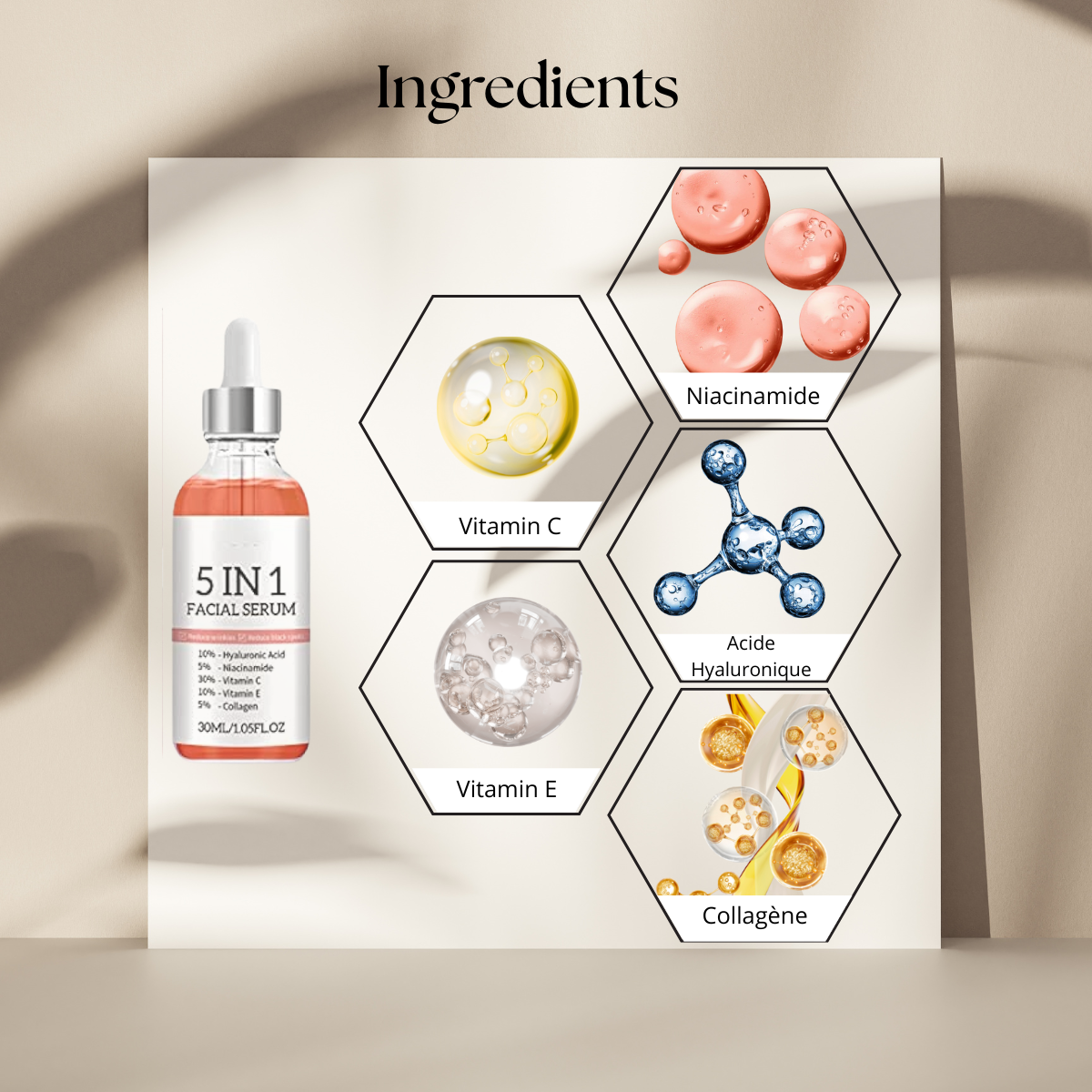 Sérum Visage 5-en-1 à l’Acide Hyaluronique – Éclat, Hydratation & Anti-Âge