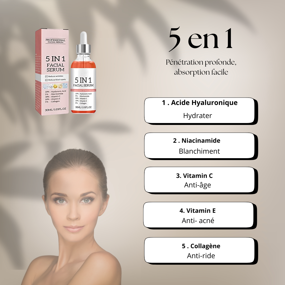 Sérum Visage 5-en-1 à l’Acide Hyaluronique – Éclat, Hydratation & Anti-Âge